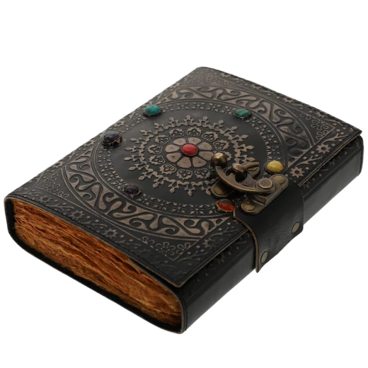 Handmade Leather Journal with Mandala Circle and Seven Chakra Stones